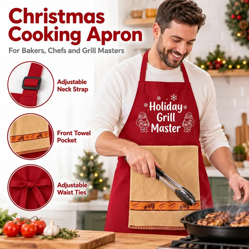 Festive Holiday Cooking Apron with Towel and Tool Pockets