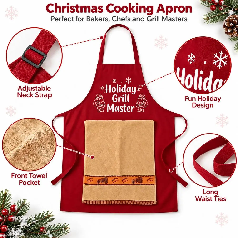 Festive Holiday Cooking Apron with Towel and Tool Pockets