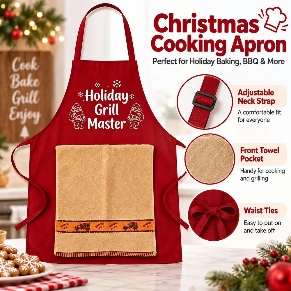 Festive Holiday Cooking Apron with Towel and Tool Pockets
